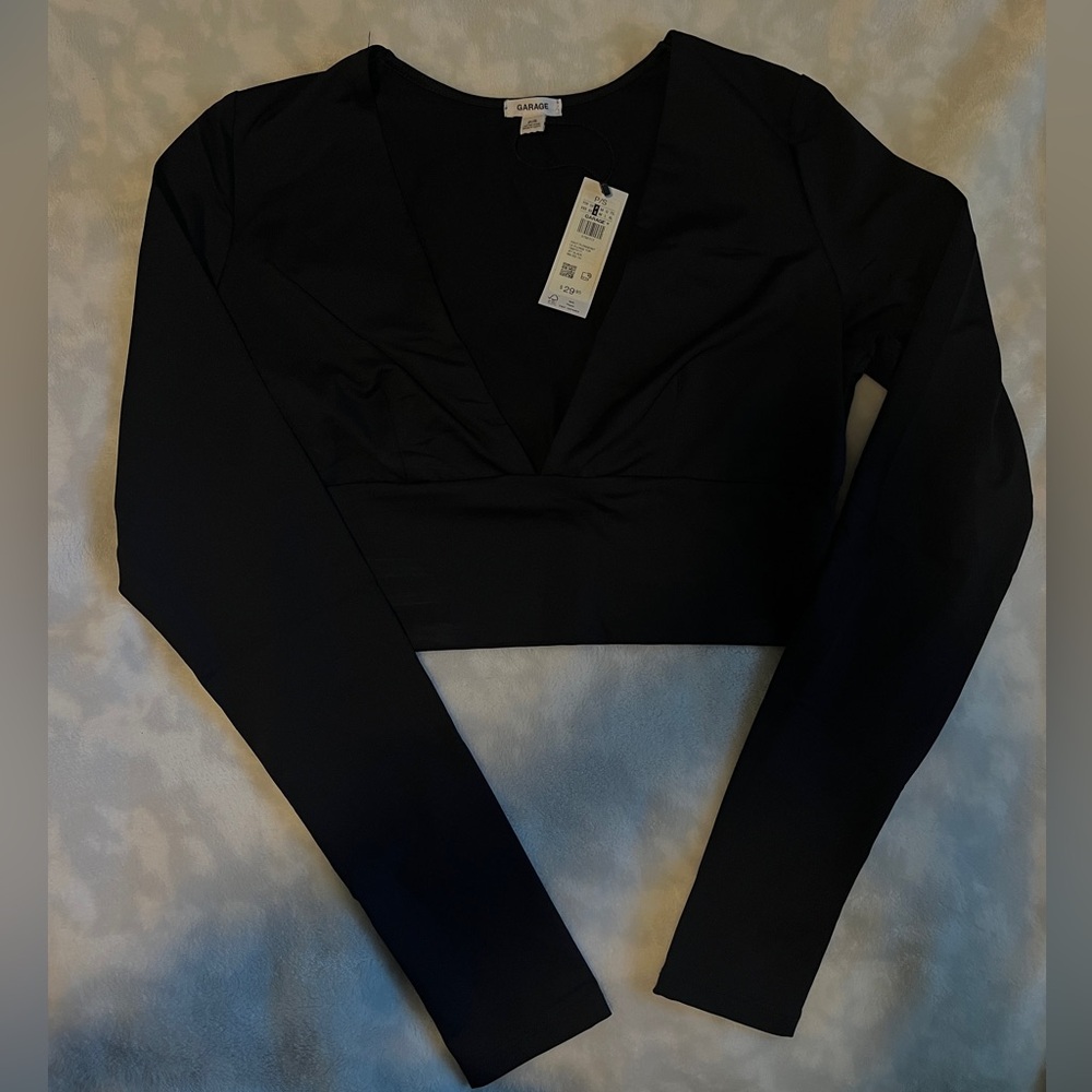 Garage Black Long Sleeve V Neck Crop Top